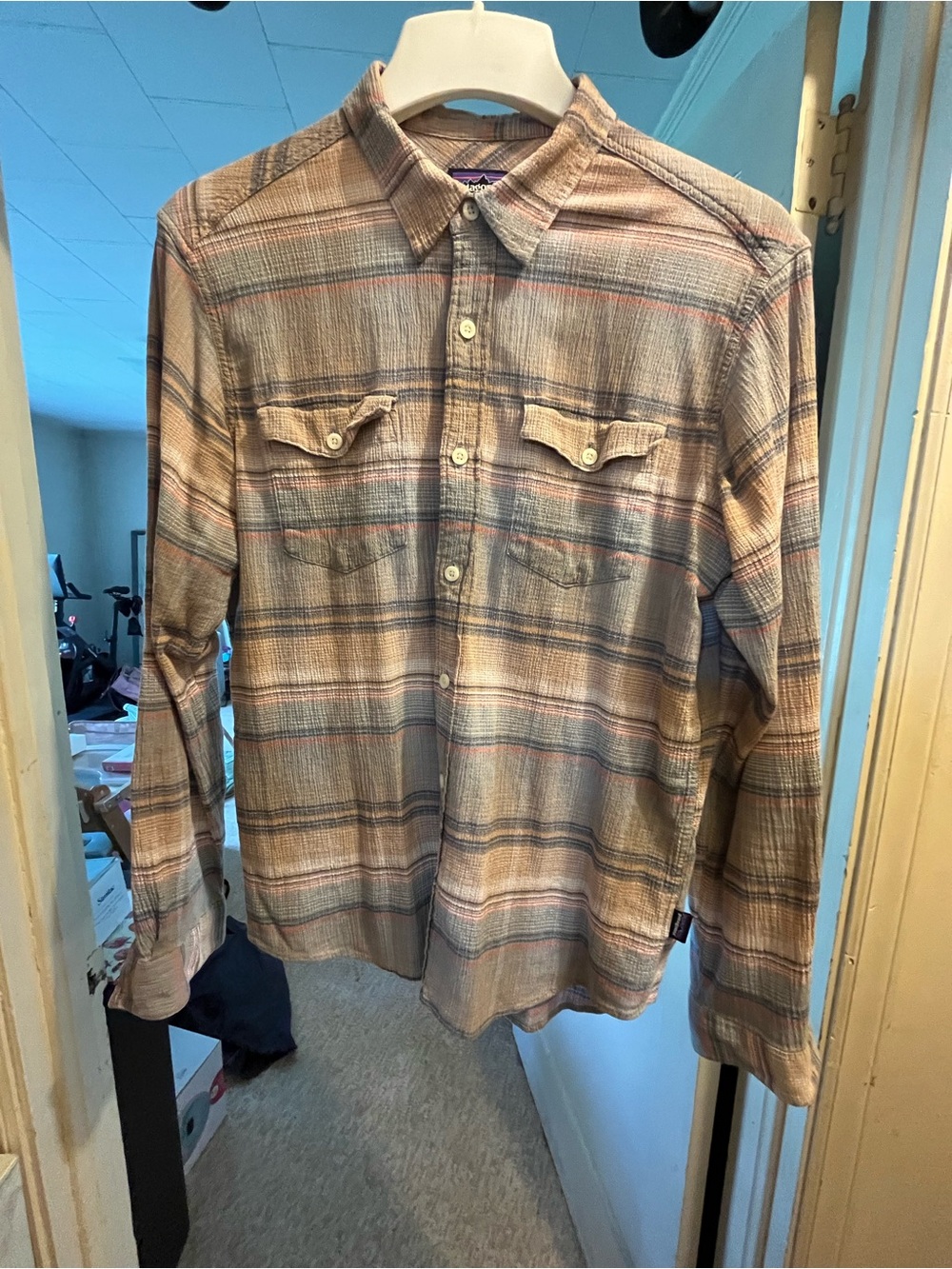 Patagonia Men's Lightweight Plaid Button-Down Shirt in Beige and Blue
